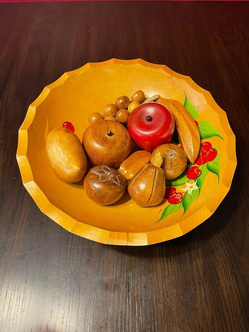 Vintage Grande Hand Painted Woodenware Bowl with Assorted Wooden Fruit Set
